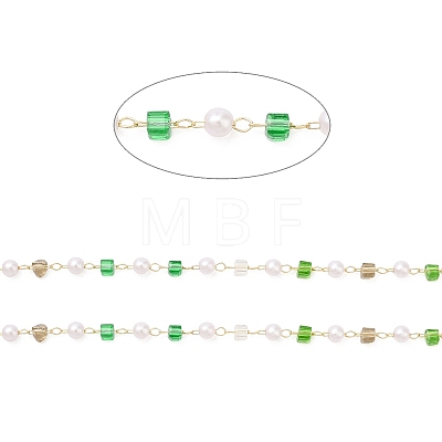 Faceted Cube Glass & ABS Plastic Imitation Pearl Beaded Chains CHS-G026-02KCG-01-1
