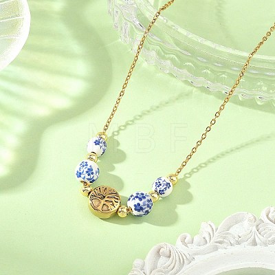 Floral Printed Round Handmade Porcelain & Brass Tree of Life Graduated Beaded Necklaces NJEW-JN06437-1