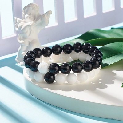 2Pcs 2 Color 10.5MM Natural Mashan Jade(Dyed) & Malaysia Jade(Dyed) Round Beaded Stretch Bracelets Set BJEW-JB07642-1