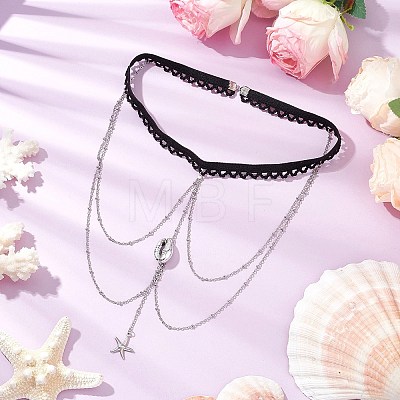 304 Stainless Steel Cable Chains & Electroplated Shell Pendant Tassel Thigh Leg Chains AJEW-AN00649-01-1