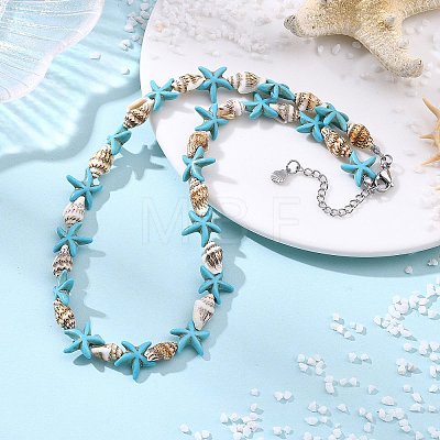 Ocean Natural Spiral Shell & Dyed Synthetic Turquoise Starfish Beaded Necklaces NJEW-JN06305-1