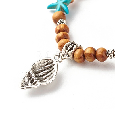 Starfish Synthetic Turquoise Beads & Round Natural Wood Beads Stretch Bracelet BJEW-JB07270-1