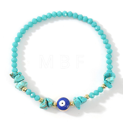 Synthetic Turquoise Chip & Brass Evil Eye & Glass Beaded Stretch Bracelets for Daily Wear PI9480-7-1