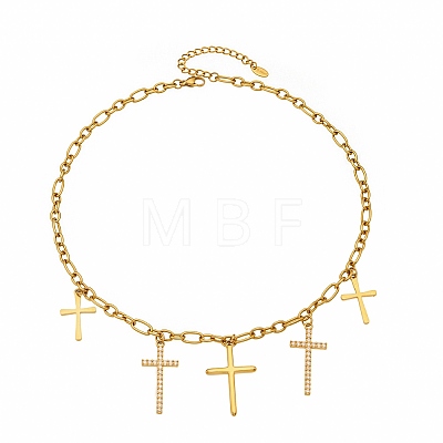 304 Stainless Steel Micro Pave Clear Cubic Zirconia Multi Religion Cross Pendant Bib Necklaces for Women WG70985-02-1