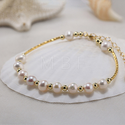 Natural Pearl & 925 Sterling Silver Curved Tube Beaded Bracelet BJEW-Z025-01G-1