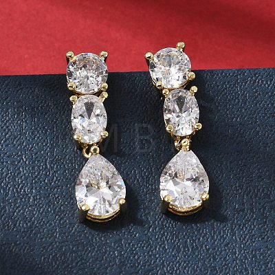 Teardrop Brass Micro Pave Clear Cubic Zirconia Dangle Stud Earrings EJEW-H180-14G-1