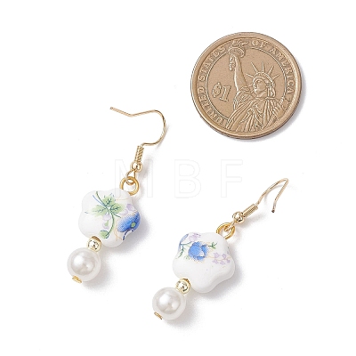 Porcelain & ABS Plastic Imitation Pearl Round with Flower Dangle Earrings EJEW-JE06841-1