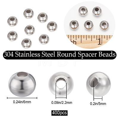 Beebeecraft 400Pcs 304 Stainless Steel Beads STAS-BBC0003-61A-1