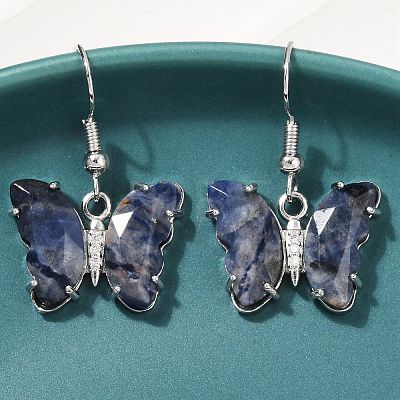 Natural Sodalite Brass Dangle Earrings EJEW-M081-01P-09-1