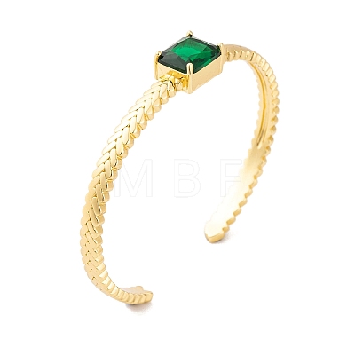 Brass Pave Green Glass Open Cuff Bangles for Women BJEW-S147-15G-B-1