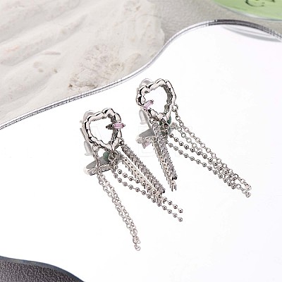 Crystal Rhinestone Heart with Tassel Dangle Stud Earrings JE1029A-1