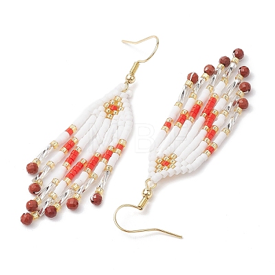 Woven Seed Beads & Natural Red Jasper Tassel Earrings EJEW-MZ00154-01-1