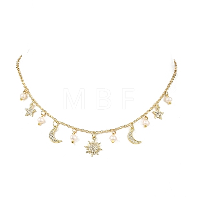 Brass Micro Pave Clear Cubic Zirconia Moon Star Sun Pendant Cable Chain Necklaces with Natural Pearl Beads for Women NJEW-JN06233-1