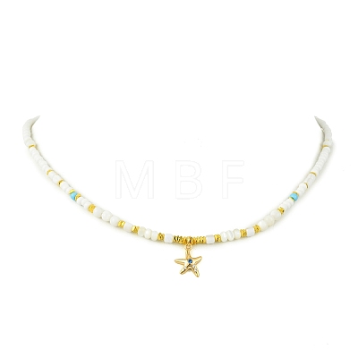 Ocean Brass Pave Clear Cubic Zirconia Sea Animals Pendant Natural Shell and Glass Seed Beaded Necklaces for Women NJEW-JN06345-1