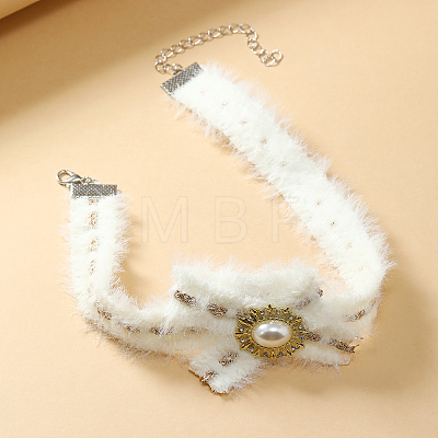 Alloy Pave Imitation Pearl Bowknot Fluffy Plush Choker Necklaces for Women HW5104-1-1