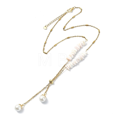 Natural Pink Shell Chip & 304 Stainless Steel Cable Chain Lariat Necklaces NJEW-JN06280-1