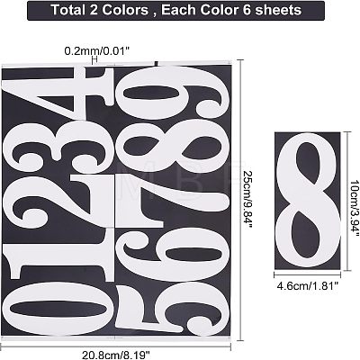  12 Sheets 2 Colors Number 0~9 PVC Waterproof Self-Adhesive Sticker DIY-NB0007-28-1