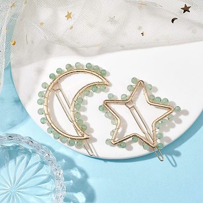 2Pcs Moon & Star Alloy with Natural Green Aventurine Hollow Hair Barrettes PHAR-JH00105-05-1