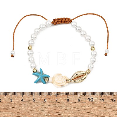 Dyed Synthetic Turquoise & Shell Pearl & Alloy Beads Braided Bead Bracelets for Women BJEW-JB13806-1