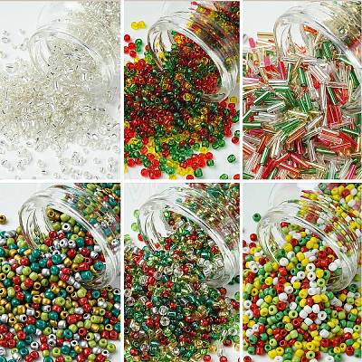 50G 5 Colors Christmas Theme Silver Lined Glass Seed Beads SEED-YW0002-62A-1