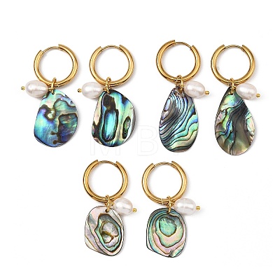 3 Pairs 3 Styles Natural Cultured Freshwater Pearl Beads & Paua Shell Dangle Hoop Earrings EJEW-JE07254-1