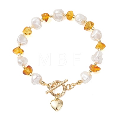 Natural Amber & Shell Pearl Beaded Bracelets for Women BJEW-JB13655-1