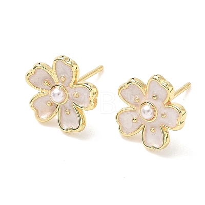 Flower Brass & ABS Plastic Pearl Stud Earrings EJEW-P336-07G-01-1