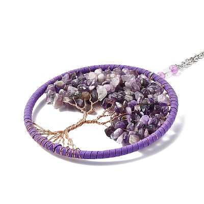 Wire Wrapped Chips Natural Amethyst Big Pendant Decorations HJEW-A005-03-1