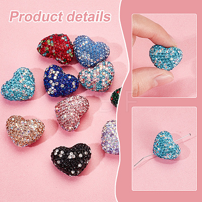   10Pcs 10 Color Heart Handmade Polymer Clay Rhinestone Beads CLAY-PH0001-90-1