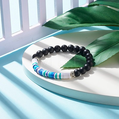 Synthetic Black Stone & Handmade Polymer Clay Heishi Beads Stretch Bracelet BJEW-JB07509-1