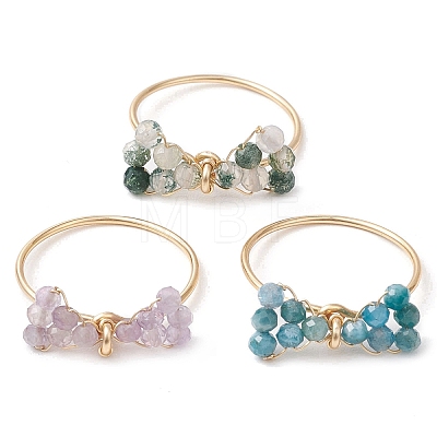 3Pcs 3 Styles Bowknot Natural Apatite & Moss Agate & Amethyst Beaded Finger Rings Sets RJEW-TA00148-1