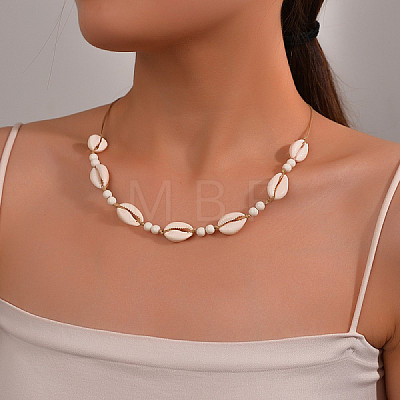 Natural Cowrie Shell & Round Acrylic Beaded Waxed Cord Braided Necklaces for Women FS-WG6249B-04-1