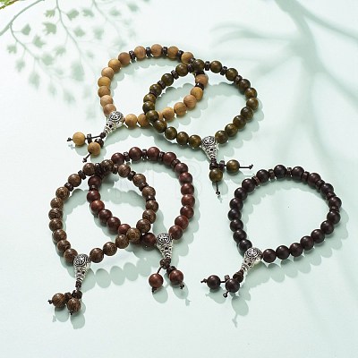 Natural Wood & Coconut Beaded Stretch Bracelet with Gourd BJEW-JB08538-1