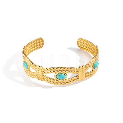 304 Stainless Steel Vintage Synthetic Turquoise Eye Open Cuff Bangles for Women WJ2970-1