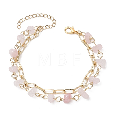 Natural Rose Quartz Chip Beads & Brass Paperclip Chain Multi-strand Bracelets for Women BJEW-JB12890-01-1