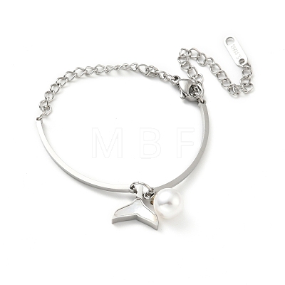 Natural Shell Whale Tail and Imitation Pearl Charm Bracelet BJEW-G640-03P-1