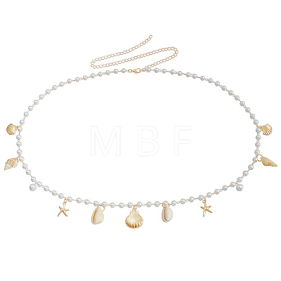 Natural Shell and Iron Starfish Tassel Imitation Pearl Link Chain Waist Chains for Women AJEW-CP0011-35B-1