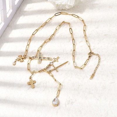 304 Stainless Steel Pave Clear Cubic Zirconia Religion Cross Teardrop Pendant Y Long Tassl Lariat Necklaces for Women NJEW-G199-04G-1