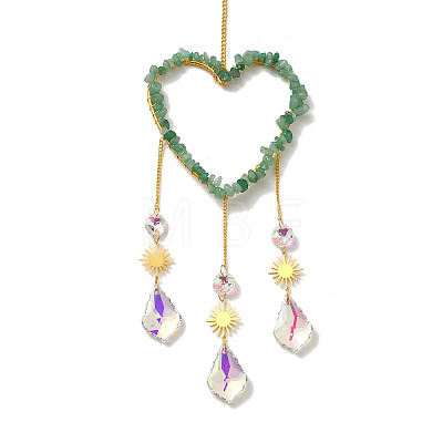 Heart Natural Green Aventurine Chips Hanging Ornaments HJEW-G024-01E-1