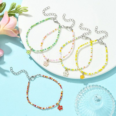 Alloy Flower Charm Bracelet with Glass Seed Bead Chains for Women BJEW-JB09681-1