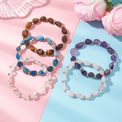 Natural Gemstone & Brass Beads Stretch Bracelets for Women BJEW-JB13414-1