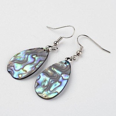 Teardrop Platinum Tone Brass Natural Paua Shell Dangle Earrings EJEW-M060-02-01-1