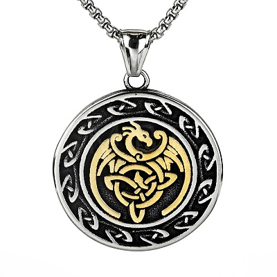 Vintage Two Tone 304 Stainless Steel Viking Duo Dragon Coin Pendant Necklaces for Men WGF65AB-02-1