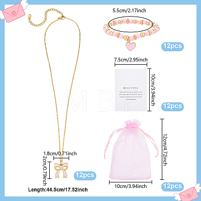 12Pcs Alloy Enamel Bowknot Pendant Necklaces & CCB Plastic Beads with Heart Charms Bracelets SJEW-ME00004-1