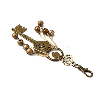 Alloy Cat Head & Brass Bell & Key Pendant Decorations HJEW-JM04094-1