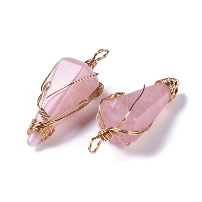 Natural Rose Quartz Copper Wire Wrapped Big Pendants G-B073-02RG-06-1