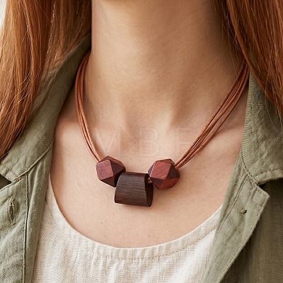 Wooden Faceted Round and Trapezoid Beads Pendant Imitation Leather Cord Multi-Strand Necklaces for Women WG6B682-01-1