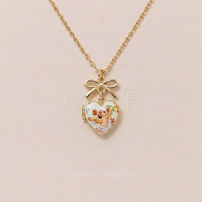 Brass Enamel Bowknot Angel Heart Photo Locket Pendant Necklaces for Women KK-CBAF5B9-03G-1