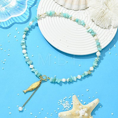 304 Stainless Steel Fish Pendant Natural Amazonite Chip and Pearl Beaded Necklaces for Women NJEW-JN06299-01-1
