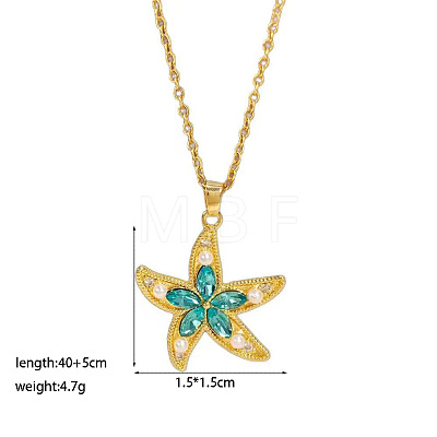 Ocean Brass Pave Turquoise Cubic Zirconia & Imitation Pearl Starfish Pendant 304 Stainless Steel Cable Chain Necklaces for Women WGB0B07-01-1